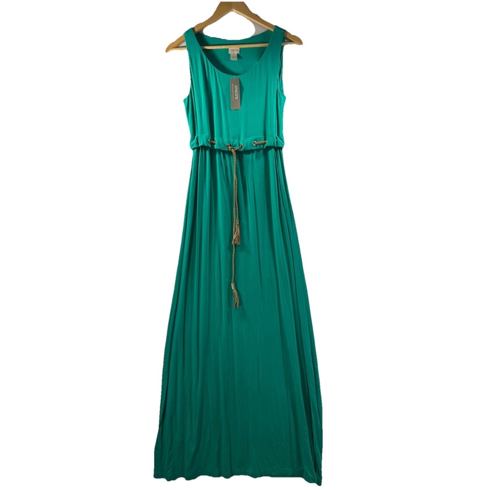 Chico's Pop Over With Tie Maxi Dress Size 1 Congo Green Sleeveless Stretch NWT